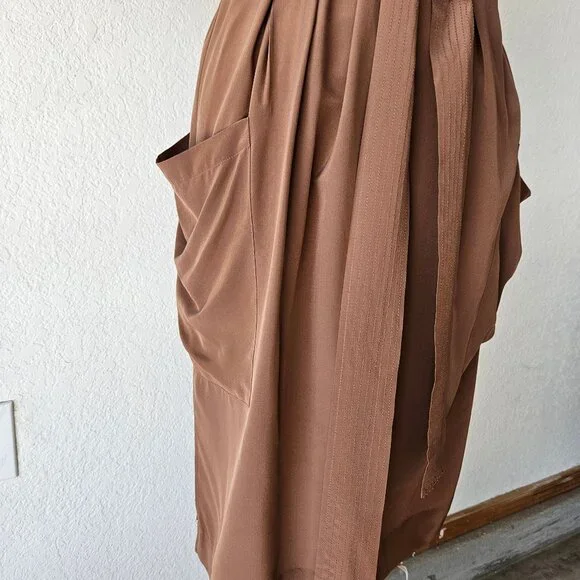 Maeve Anthropologie 100% Silk Warm Brown Faux Mock Wrap Dress Size 14 - Picture 4 of 11